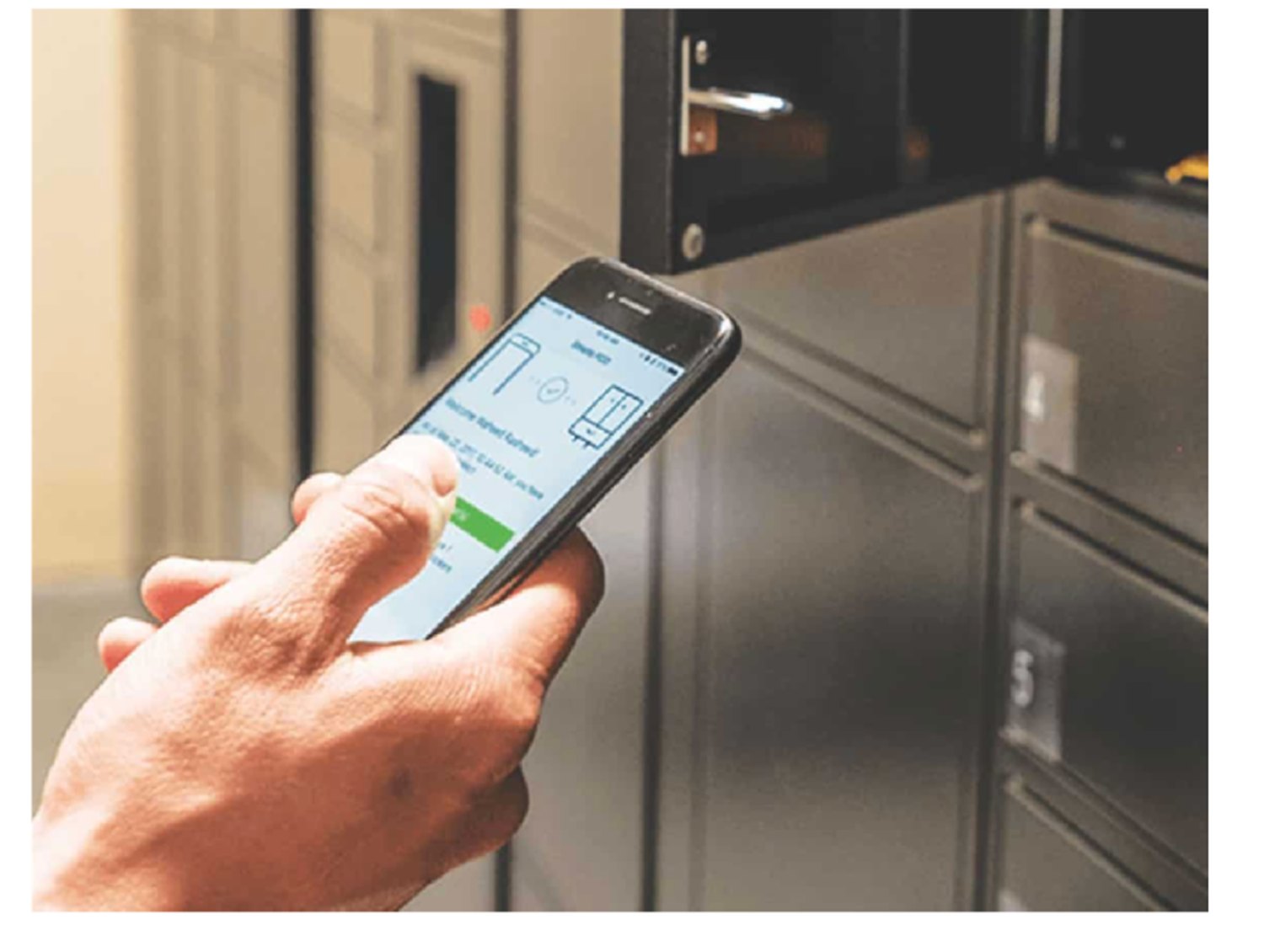 Resident collecting a package from a Smiota smart locker using the mobile app